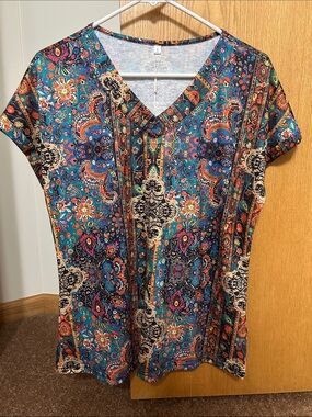 zeagoo Teal Paisley V-Neck Short Sleeve Top with Multicolor Print